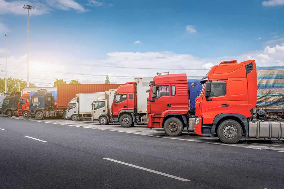 Row of parked semi truck cabs and box trucks lined up beside an empty road under a blue sky