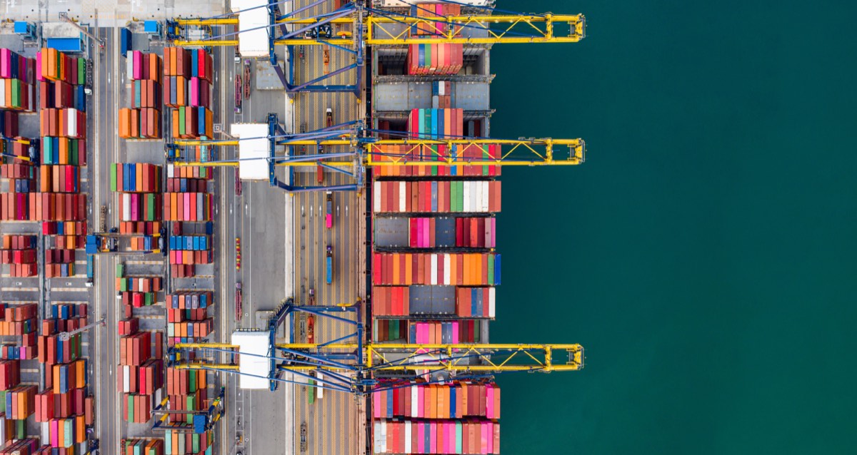 Aerial view of a global cargo and freight logistics network